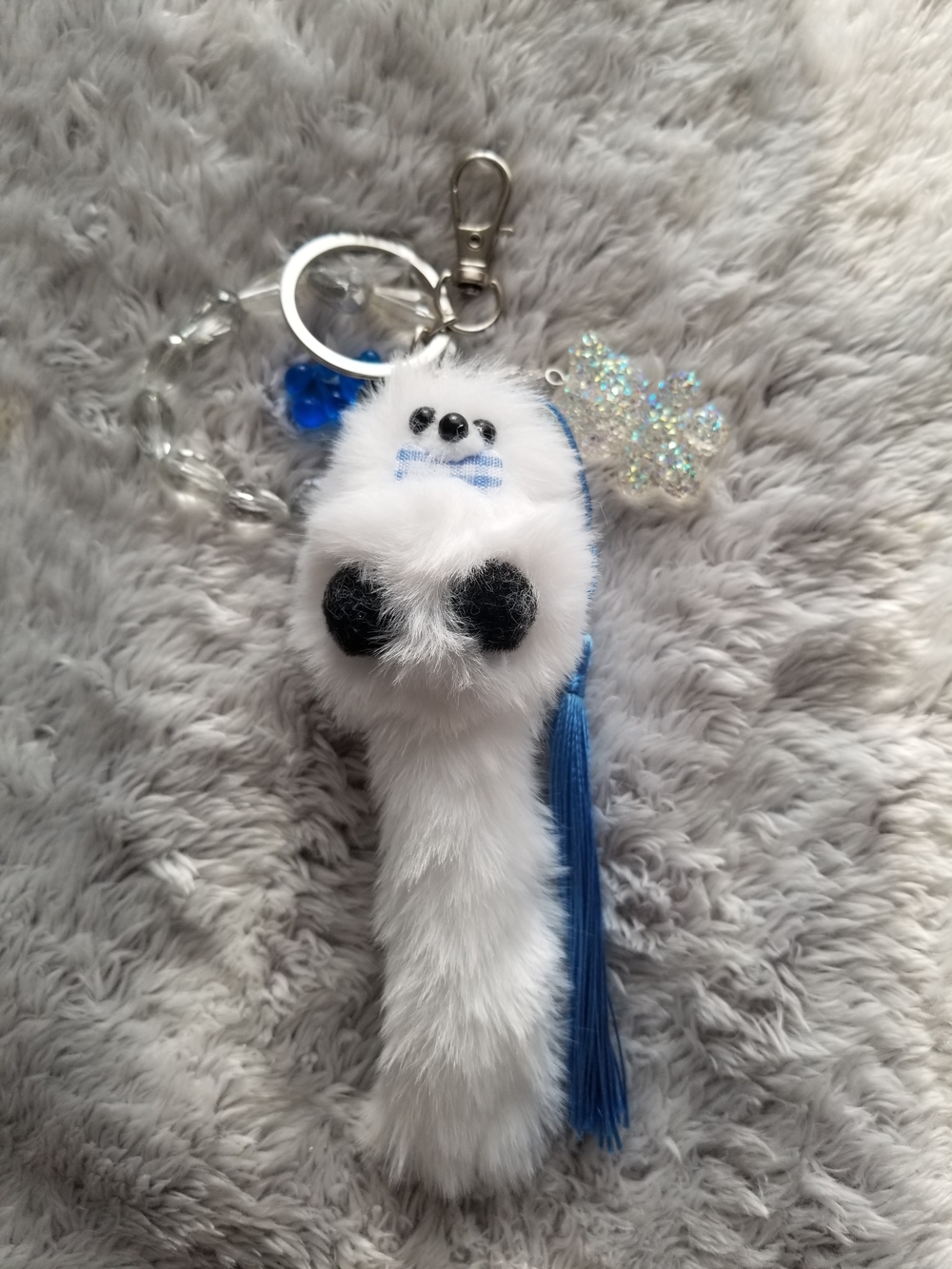White Faux Fur Rabbit Panda Keychain with Blue Tassel